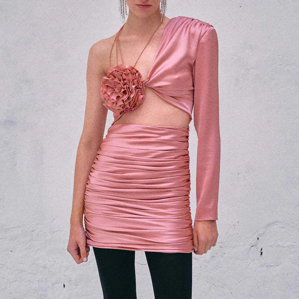 Asymmetrical Rosette Long Sleeve Sheen Satin CutOut Ruched Mini Party Dress - Image 2