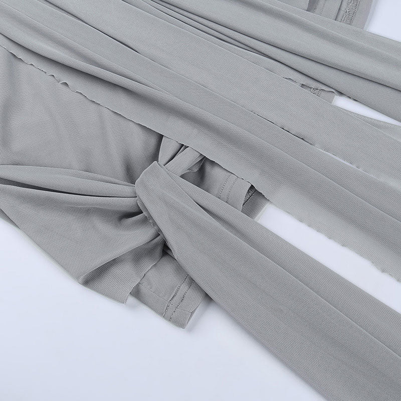 Asymmetrical Ruched Mesh Tie Front Strapless Bodycon Mini Dress - Gray - Image 4