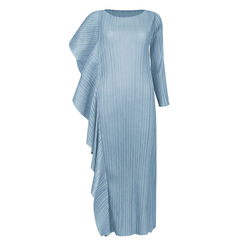 Asymmetrical Ruffled Side Round Neck 3/4 Sleeve Bodycon Pleated Midi Dress - Image 4