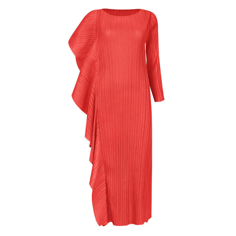 Asymmetrical Ruffled Side Round Neck 3/4 Sleeve Bodycon Pleated Midi Dress - Image 5