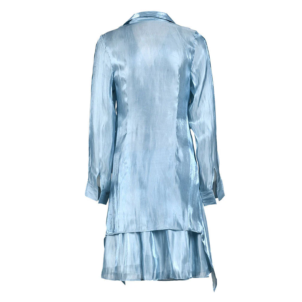 Asymmetrical Sheen Satin Wrap Blouse and Shirred High Waist Mini Skirt Matching Set - Image 3