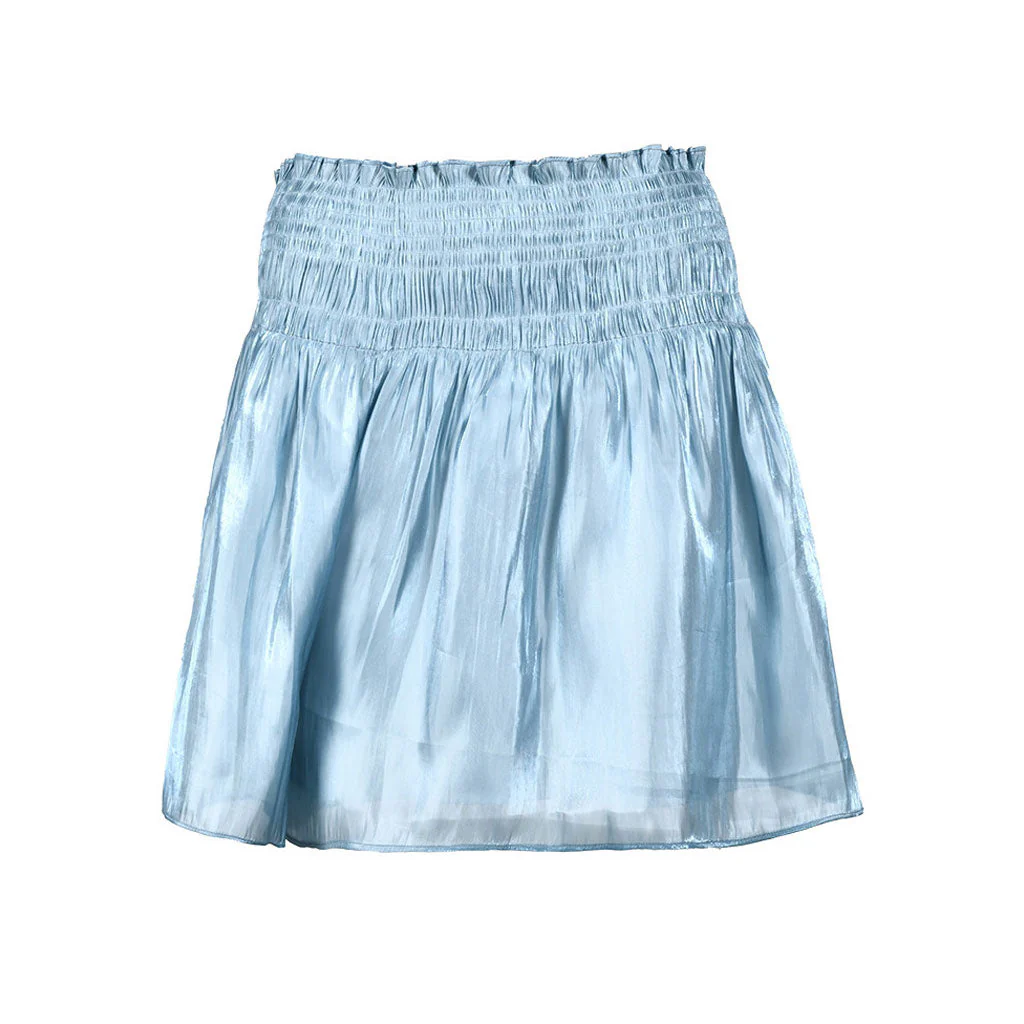 Asymmetrical Sheen Satin Wrap Blouse and Shirred High Waist Mini Skirt Matching Set - Image 5