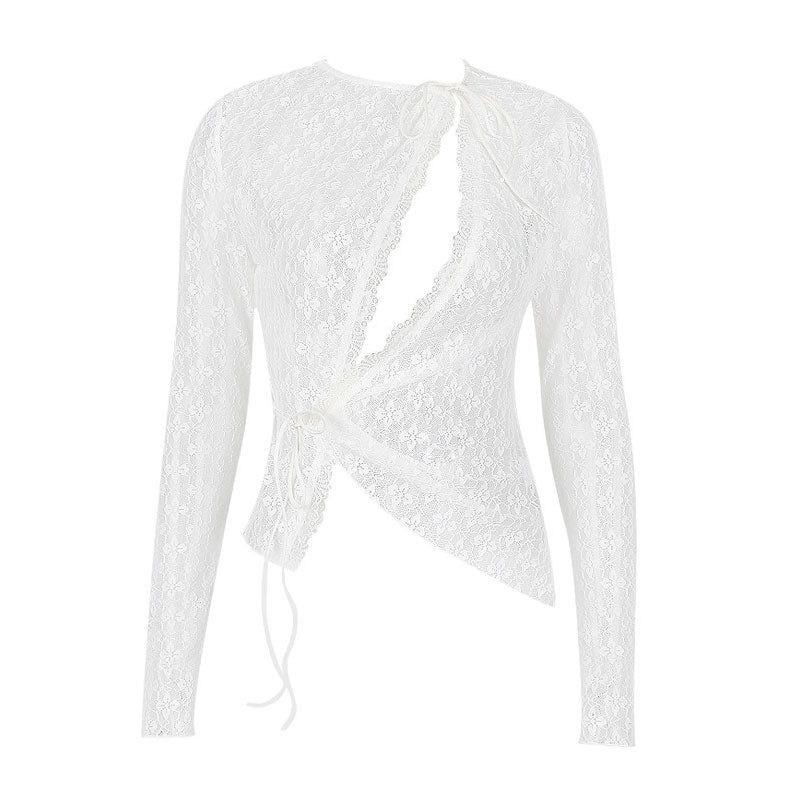 Asymmetrical Sheer Cutout Tie Front Long Sleeve Lace Top - White - Image 4