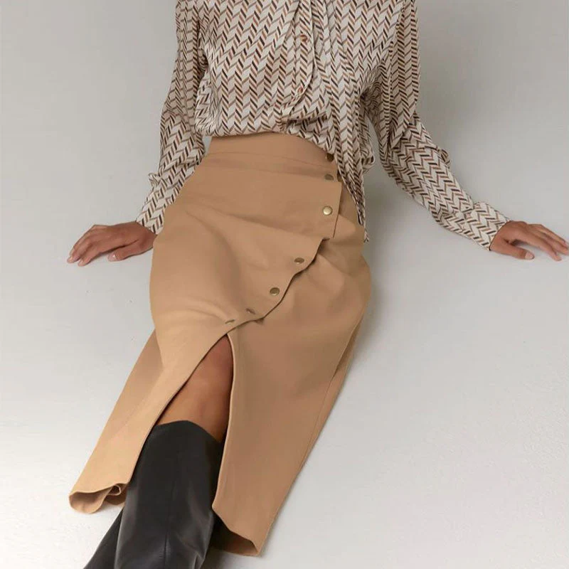 Asymmetrical Split Front Button Down High Waist Wrap Midi Skirt - Khaki - Image 3