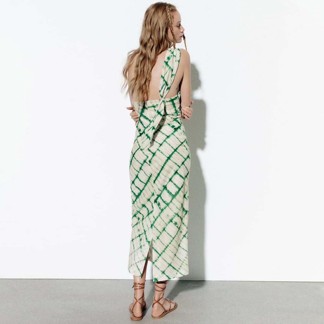 Asymmetrical Tie Dye Checkered Print One Shoulder Midi Dress - Green - Image 3