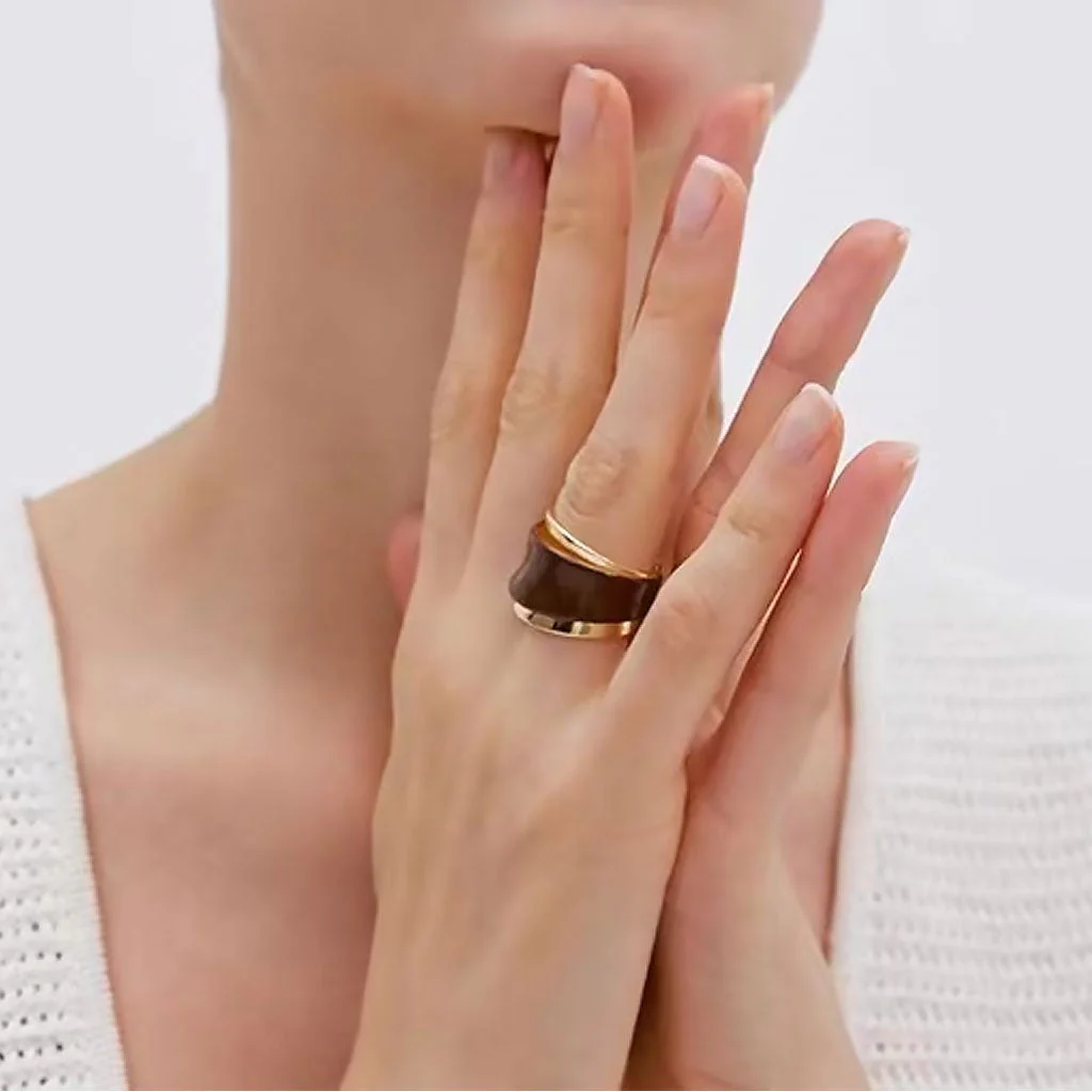 Asymmetrical Two Tone Layered Enameled Wide Chunky Band Cuff Ring - Image 2
