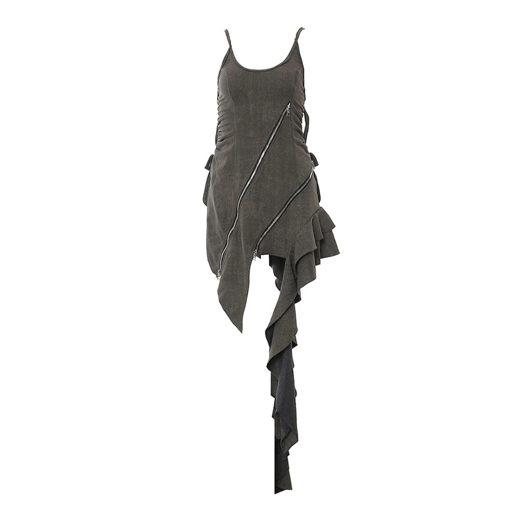 Asymmetrical Zipper Tie Strap Spiral Ruffle Ruched Cargo Pocket Mini Slip Dress - Image 4