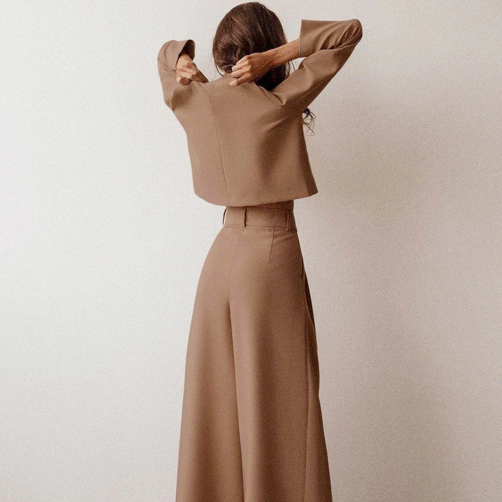 Athflow Long Sleeve Crop Top Wide Leg Pant Matching Set - Coffee - Image 3