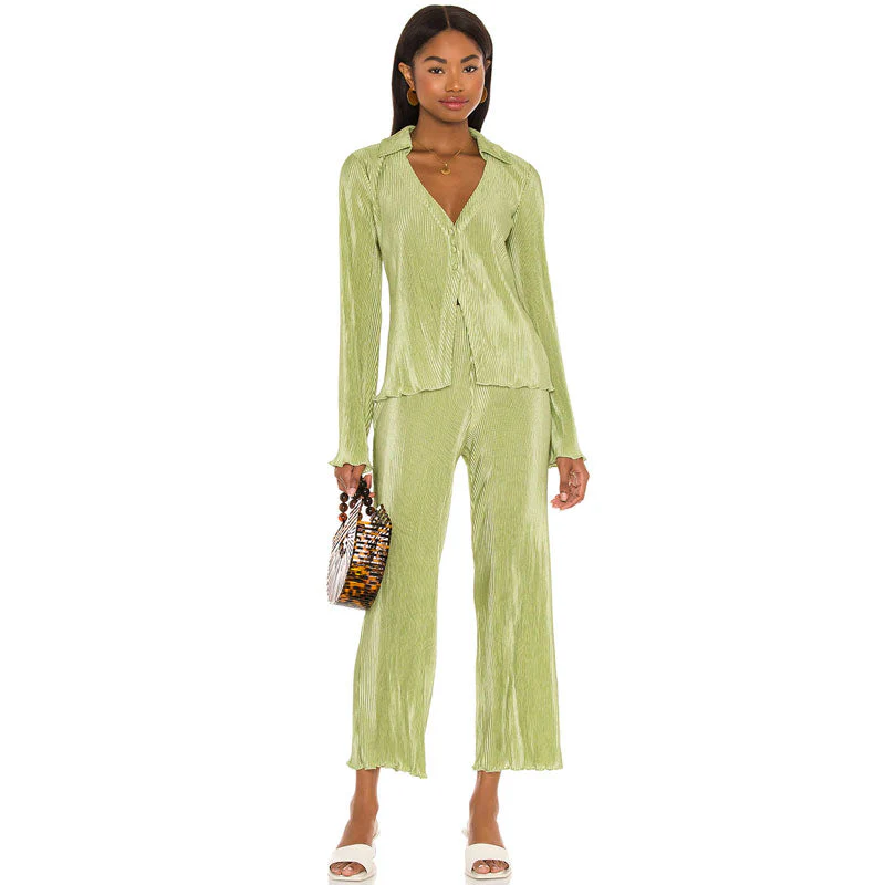 Athflow Shirred Blouse Wide Leg Pant Matching Set - Sage Green - Image 2