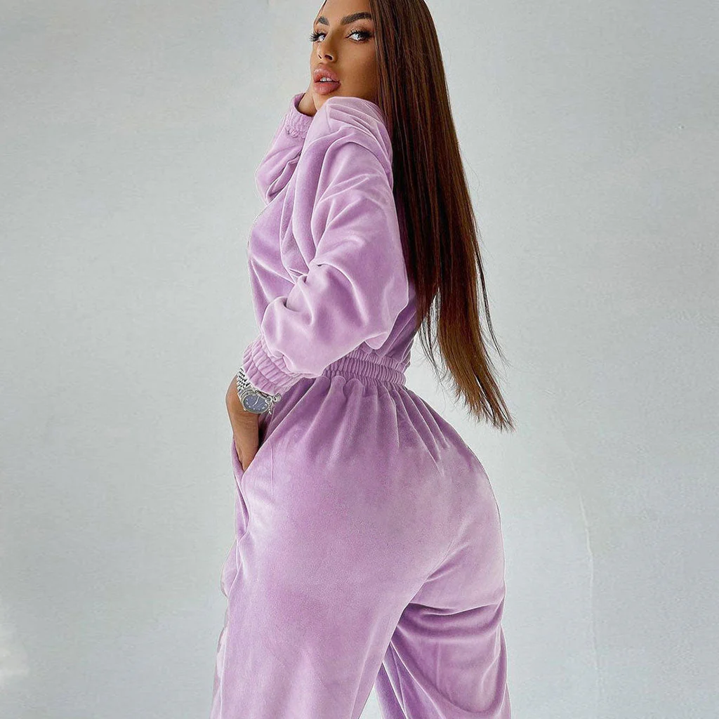 Athletic Crew Neck Long Sleeve Drawstring Velvet Jogger Jumpsuit - Lilac - Image 2