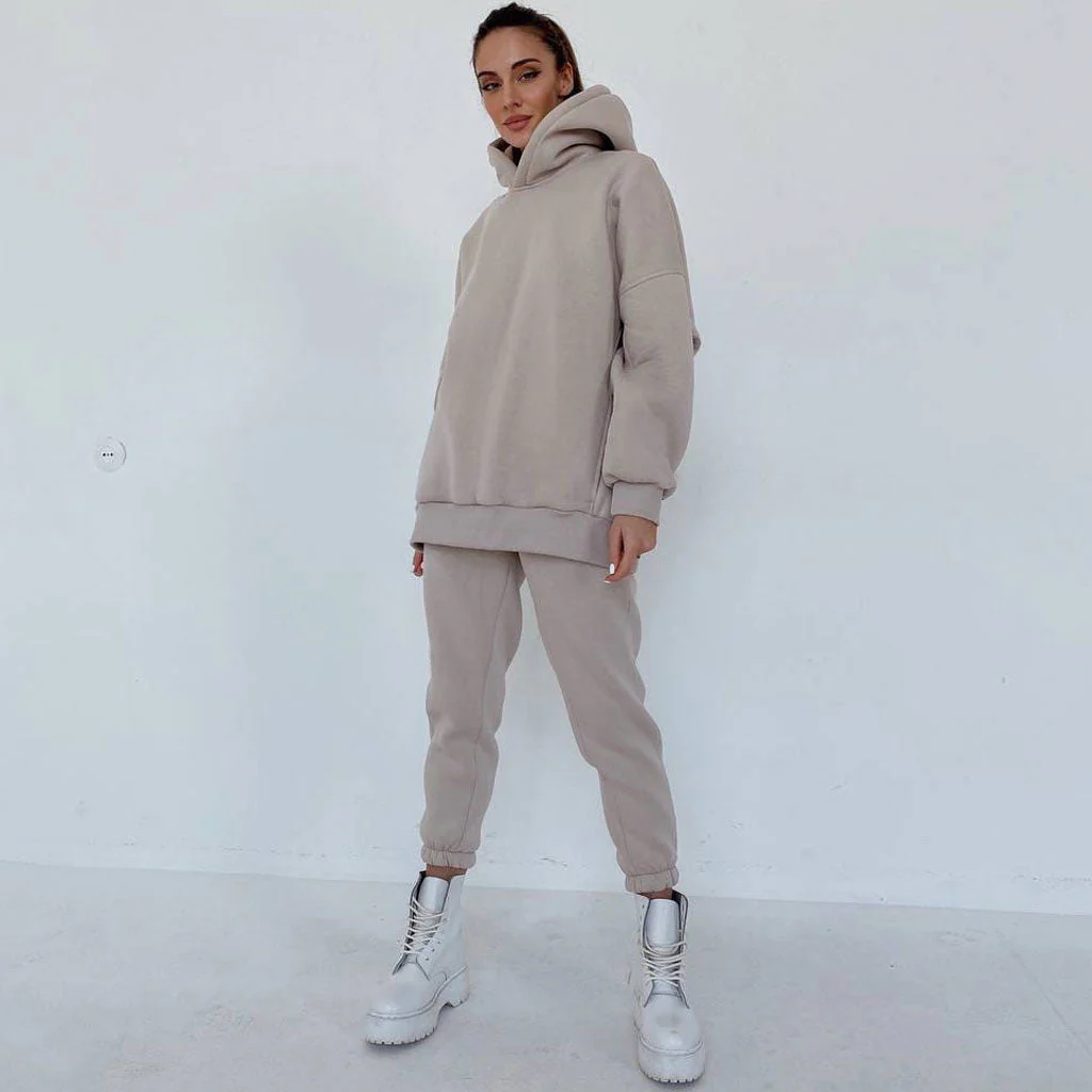 Athletic Drop Shoulder Long Sleeve Hoodie Matching Set - Beige