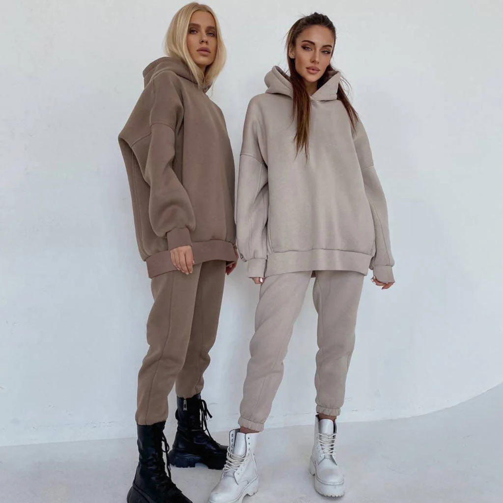 Athletic Drop Shoulder Long Sleeve Hoodie Matching Set - Coffee - Image 2