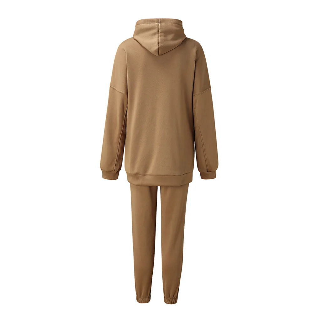 Athletic Drop Shoulder Long Sleeve Hoodie Matching Set - Coffee - Image 4