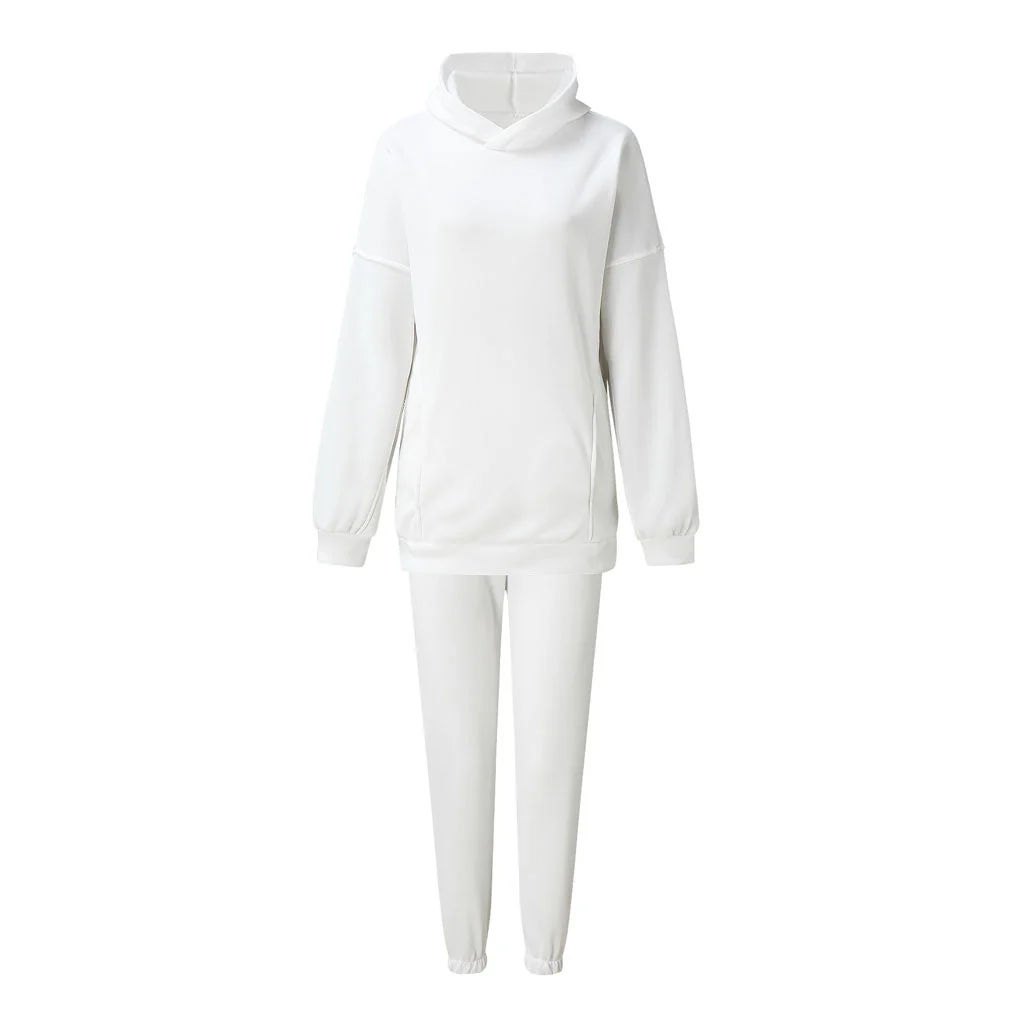 Athletic Drop Shoulder Long Sleeve Hoodie Matching Set - White - Image 3