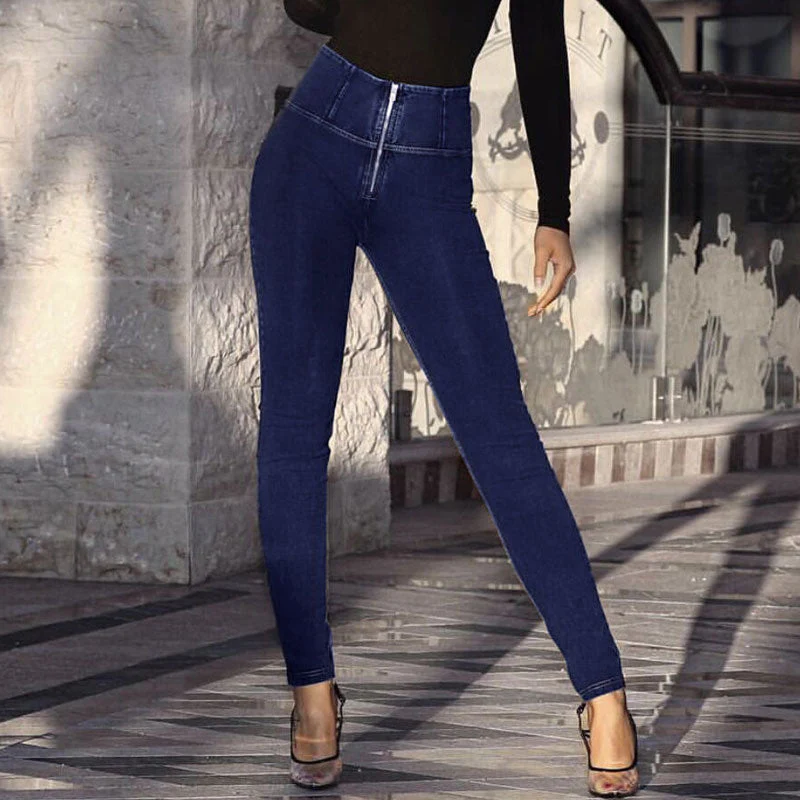 Athletic Style High Waist Zip Up Skinny Yoga Jeans - Dark Blue - Image 2