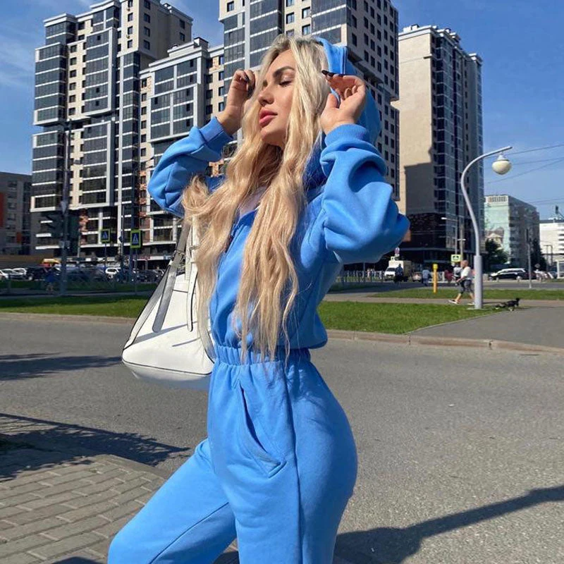 Athletic Style Kitty Hooded Zip Up Long Sleeve Jumpsuit - Blue - Image 3