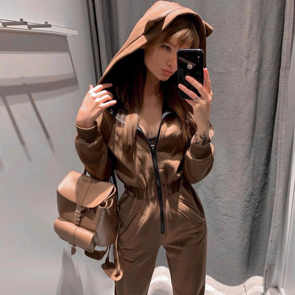 Athletic Style Kitty Hooded Zip Up Long Sleeve Jumpsuit - Khaki - Image 2