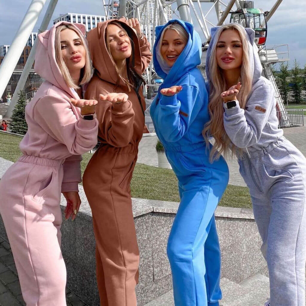 Athletic Style Kitty Hooded Zip Up Long Sleeve Jumpsuit - Khaki - Image 4