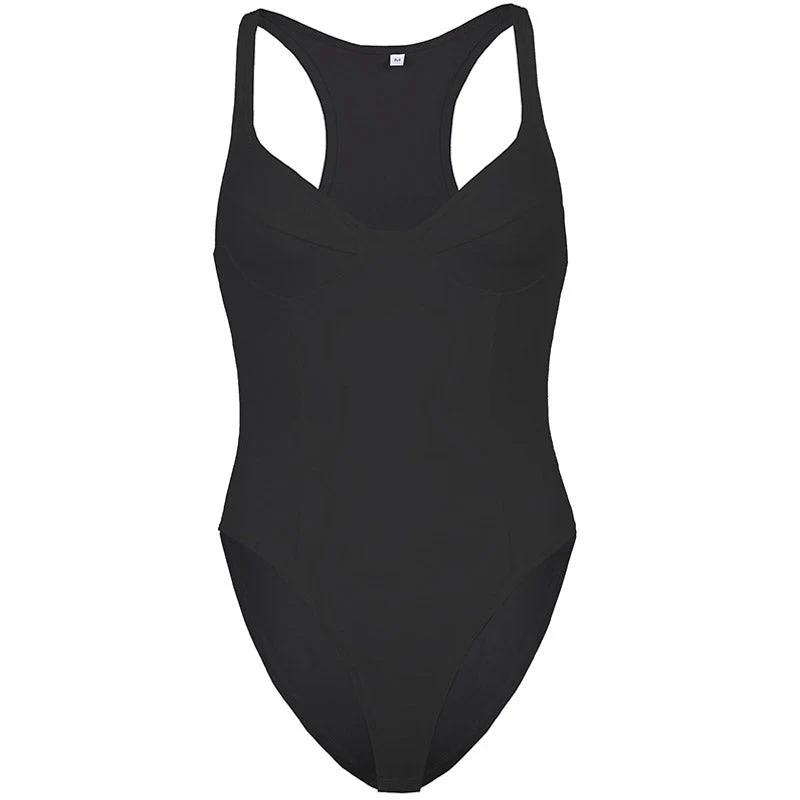 Athletic Sweetheart Bustier Racerback High Leg Fitted Bodysuit - Black - Image 3