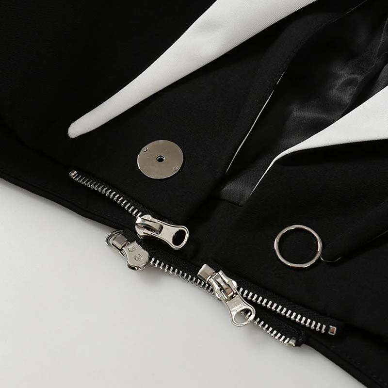Avant Garde Contrast Lapel CutOut Zipper Waist Single Button Long Blazer - Image 5
