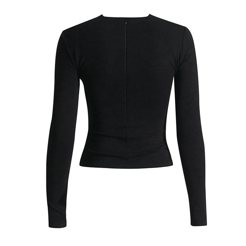 Avant Garde Metallic Accent Twist Layer V Neck Cut Out Long Sleeve Crop Fitted Top - Image 2