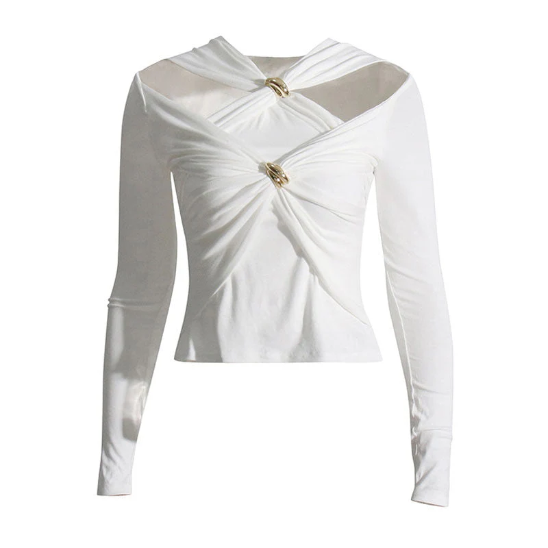 Avant Garde Metallic Accent Twist Layer V Neck Cut Out Long Sleeve Crop Fitted Top - Image 3