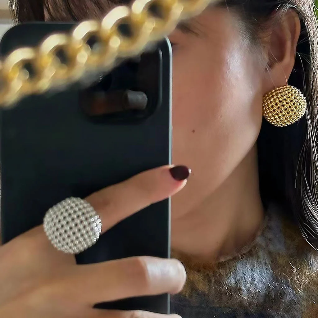 Back To 19C Metallic Rhodium Plated Half Textured Mesh Sphere Ring - Image 2