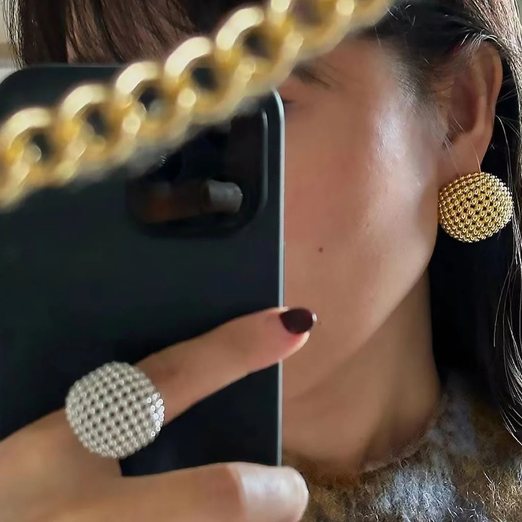 Back To 19C Metallic Round Cut Mesh Mini Ball Half Hoop Stud Earrings - Image 4