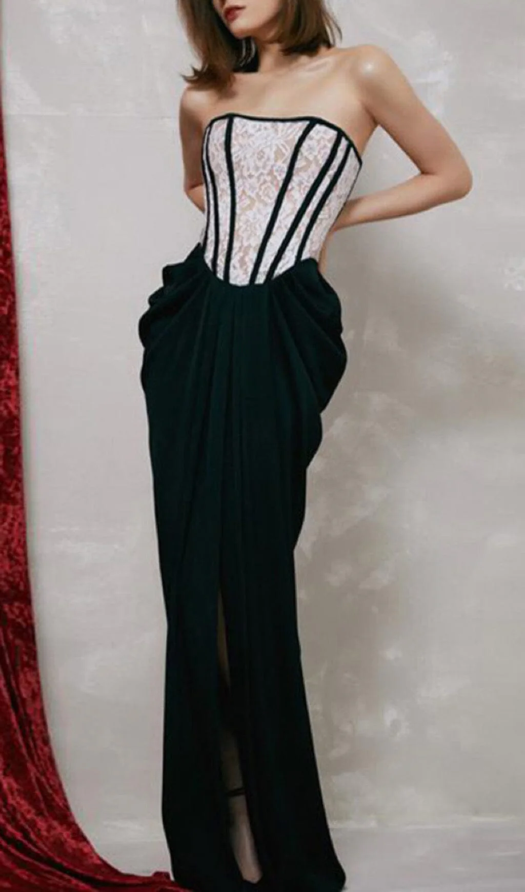  Bandeau Lace Stitched Dress in Black