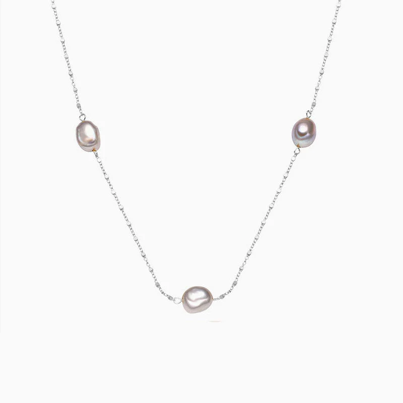 Baroque Pearl Sterling Silver Satellite Chain Bolo Slider Bead Station NeckLace - Image 2