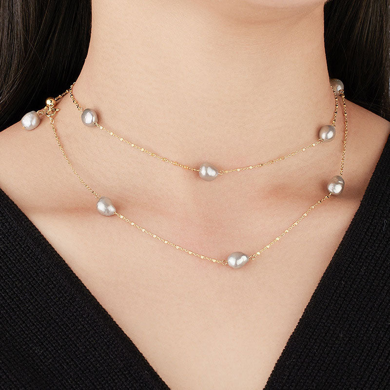 Baroque Pearl Sterling Silver Satellite Chain Bolo Slider Bead Station NeckLace - Image 5