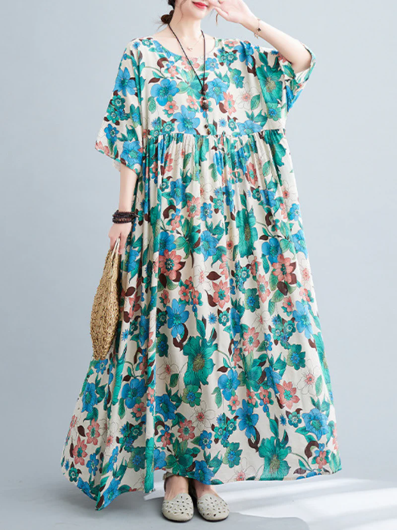 Beach Lunch Lounge Smocked Printed Flower Dress - Image 3