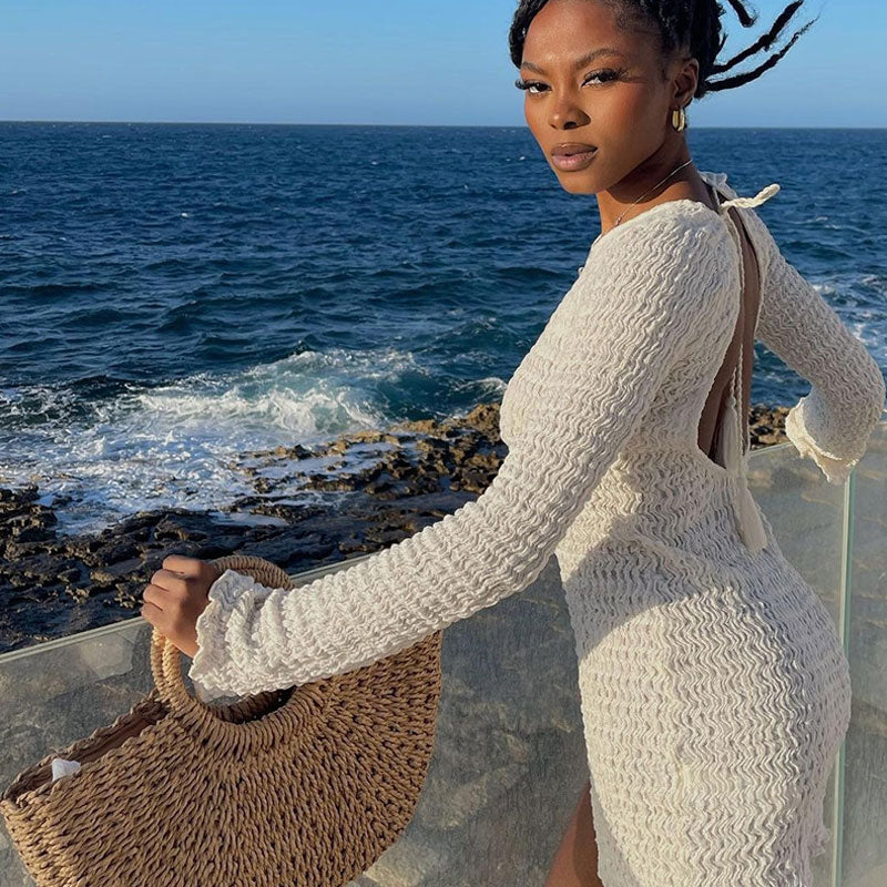 Beach Vacation Smocked Crew Neck Long Sleeve Tie Back Mini Dress - White - Image 2