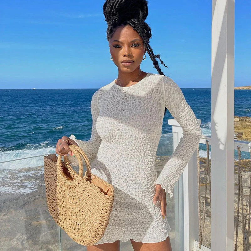 Beach Vacation Smocked Crew Neck Long Sleeve Tie Back Mini Dress - White - Image 3
