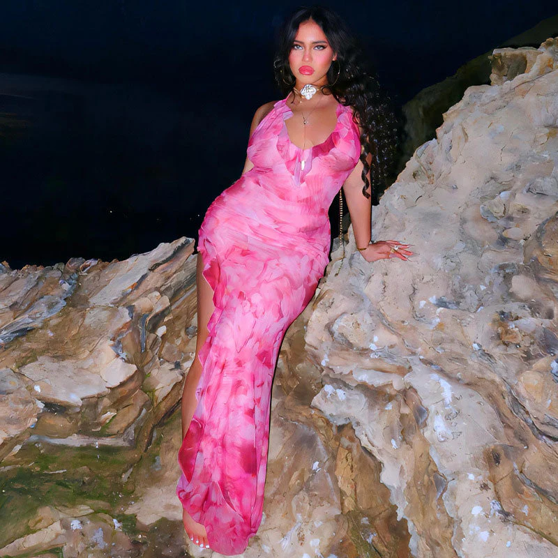Beach Vacation Tie Dye Print Ruffle Trim Halter Backless Maxi Dress - Pink - Image 2