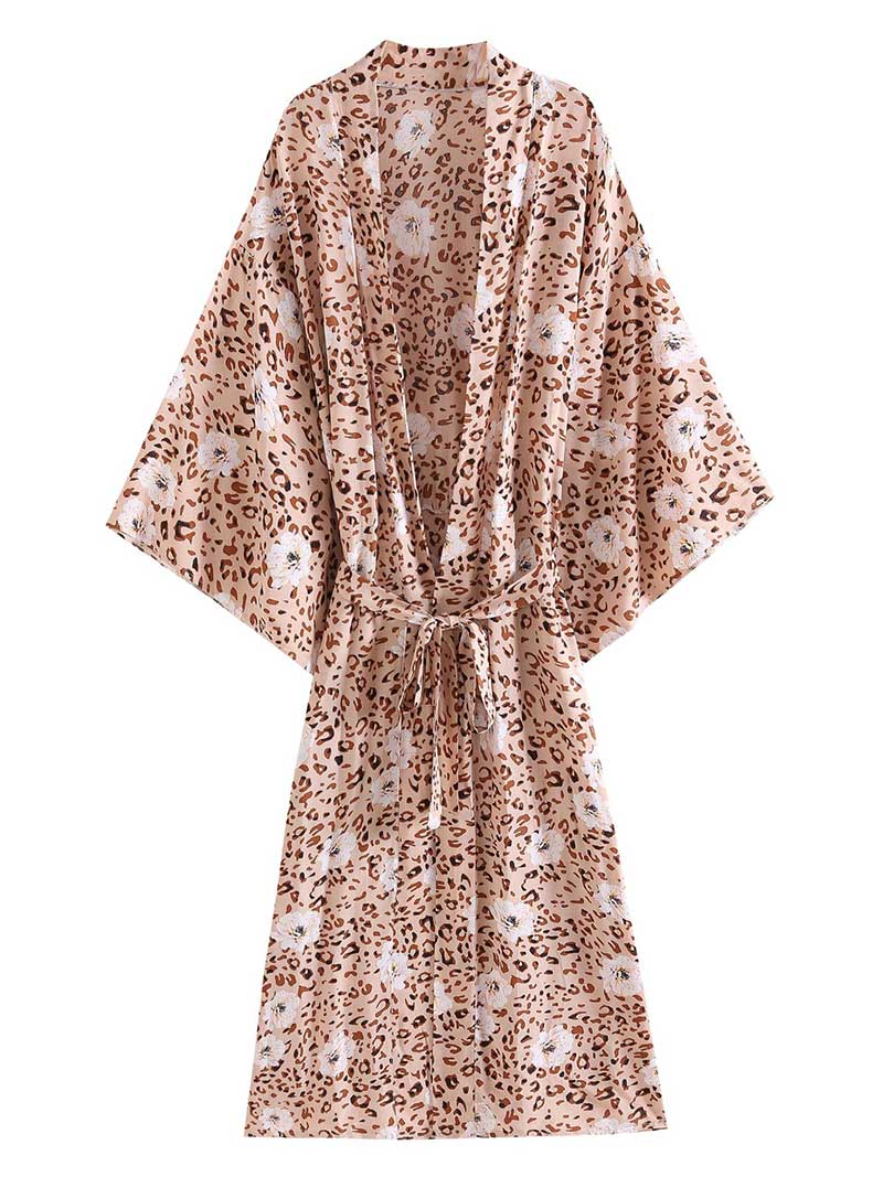 Beachwear Long Gown Leopard Print Leopard Color Cotton Gown Robe Kimono