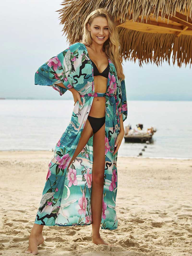 Beachwear Long Kimono Floral Print Green Color Rayon Long Length Gown Robe Kimono - Image 4