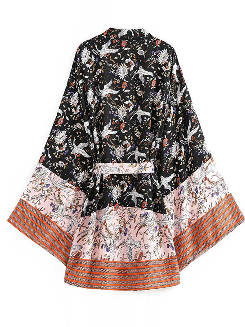 Beech Wear Floral Print Black Color Cotton Short Length Gown Robe Kimono Duster Robe - Image 2