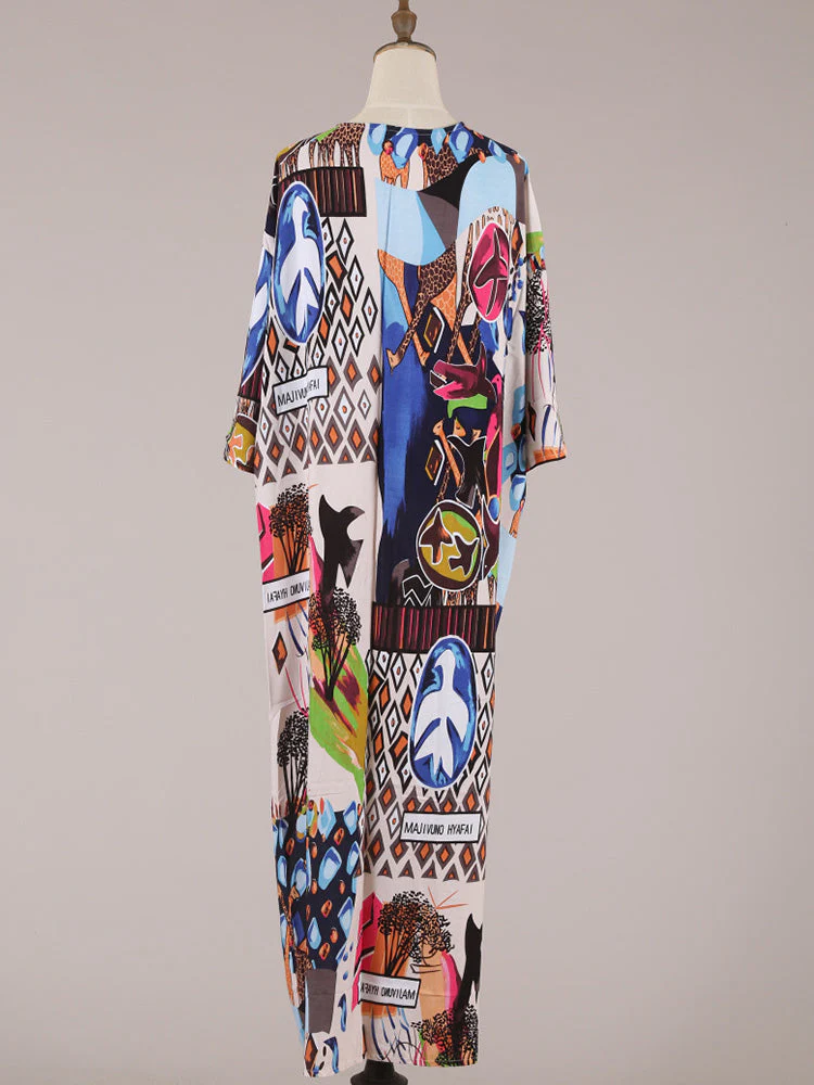 Printed Multicolor Cotton Long Length Gown Kimono Duster Robe - Image 2