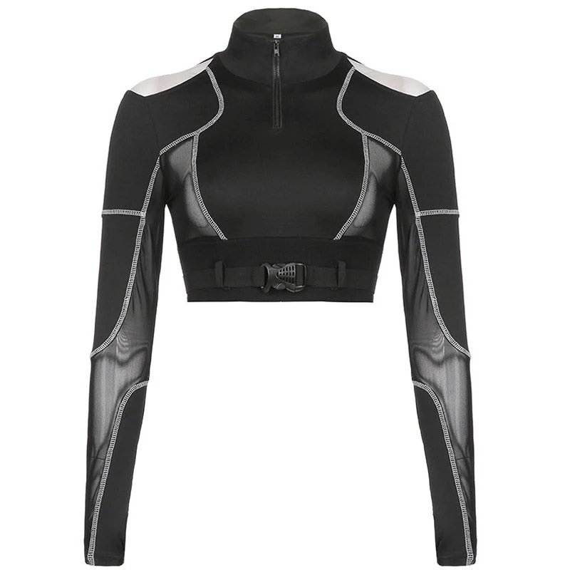 Biker High Neck Zip Front Long Sleeve Cutout Mesh Buckled Crop Top - Black - Image 4