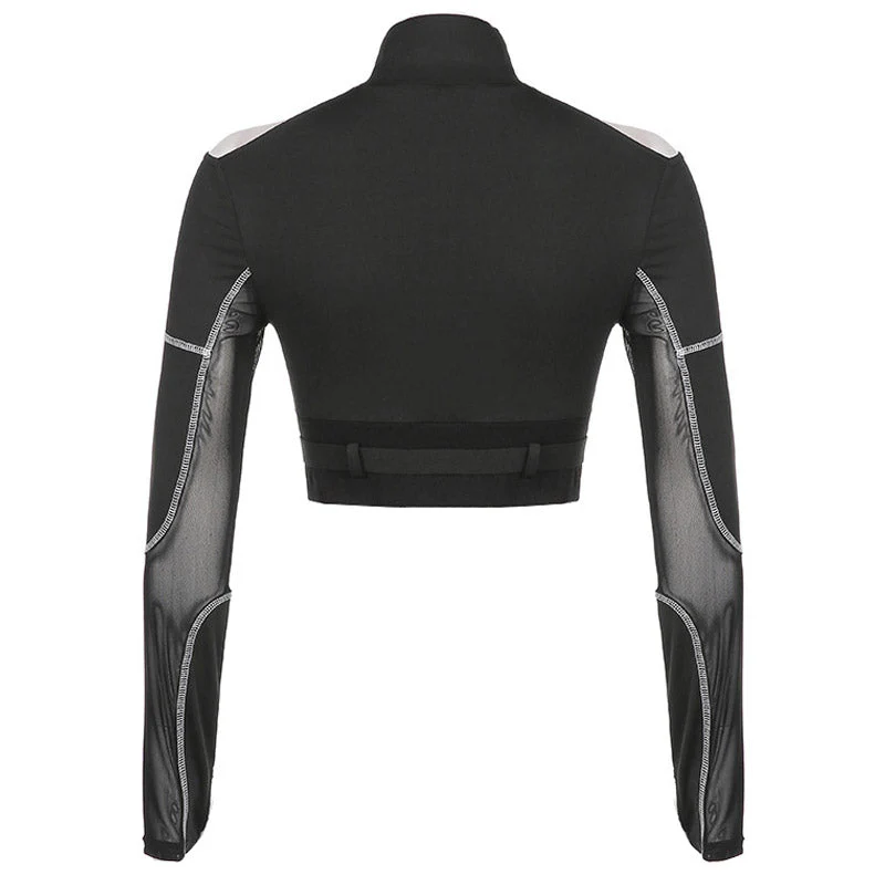 Biker High Neck Zip Front Long Sleeve Cutout Mesh Buckled Crop Top - Black - Image 5