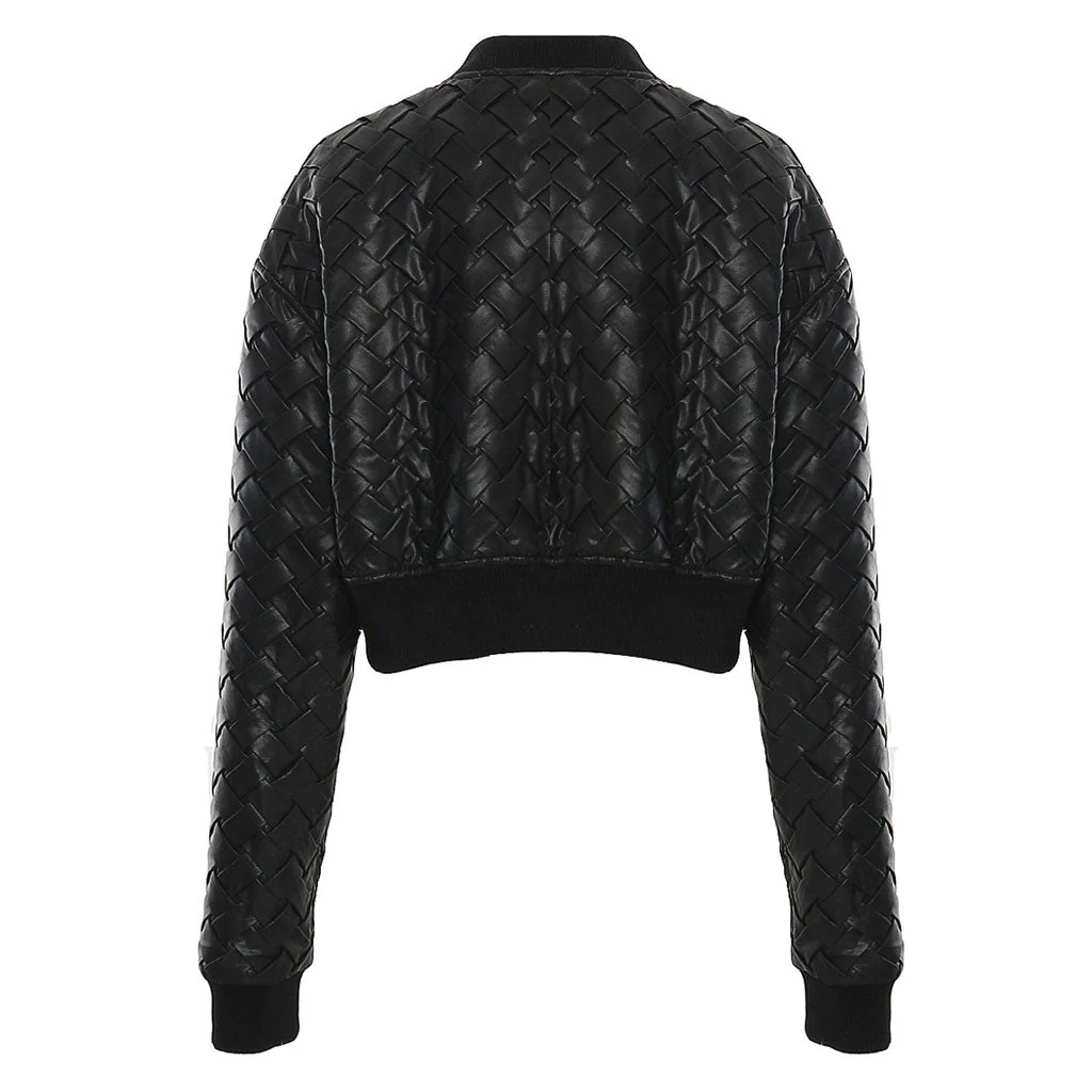 Biker Zip Up Vegan Leather Braided Crop Bomber Jacket Matching Set - Image 5