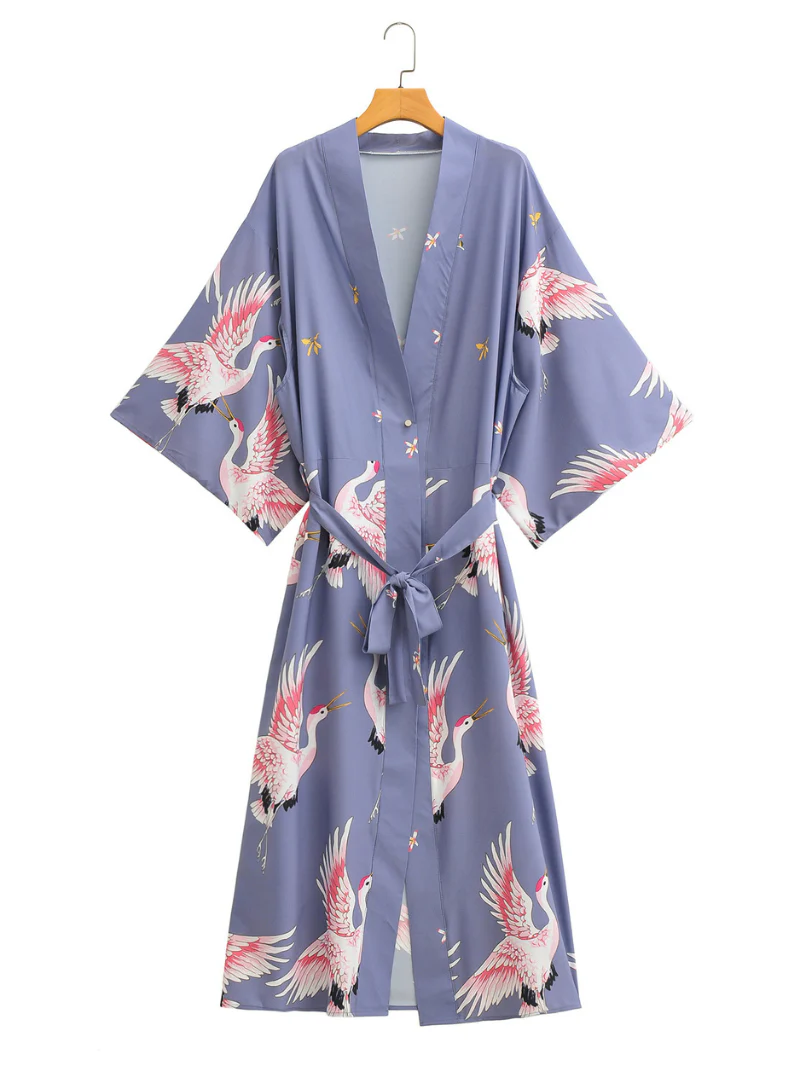 Bird Floral Long Kimono, beach cover up, long beach kimono - Image 3