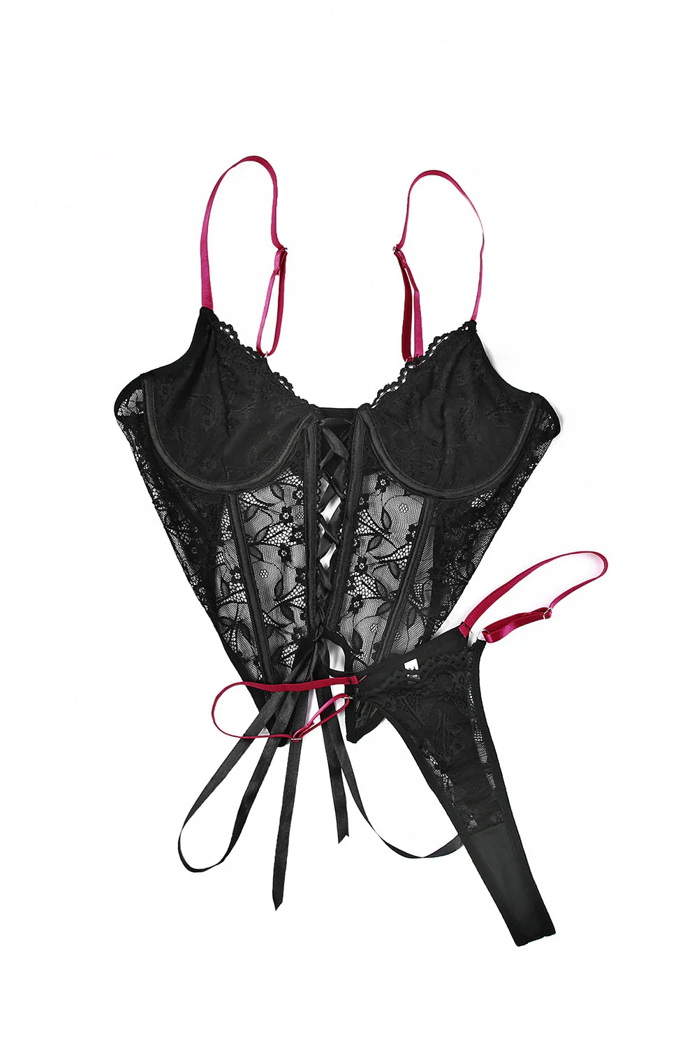 Black 2Pcs Lace-Up Bra And Thong Lingerie Set - Image 14