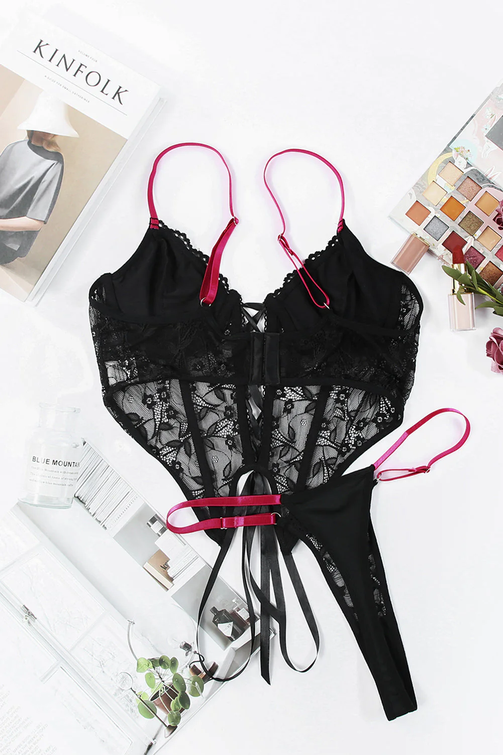 Black 2Pcs Lace-Up Bra And Thong Lingerie Set - Image 8