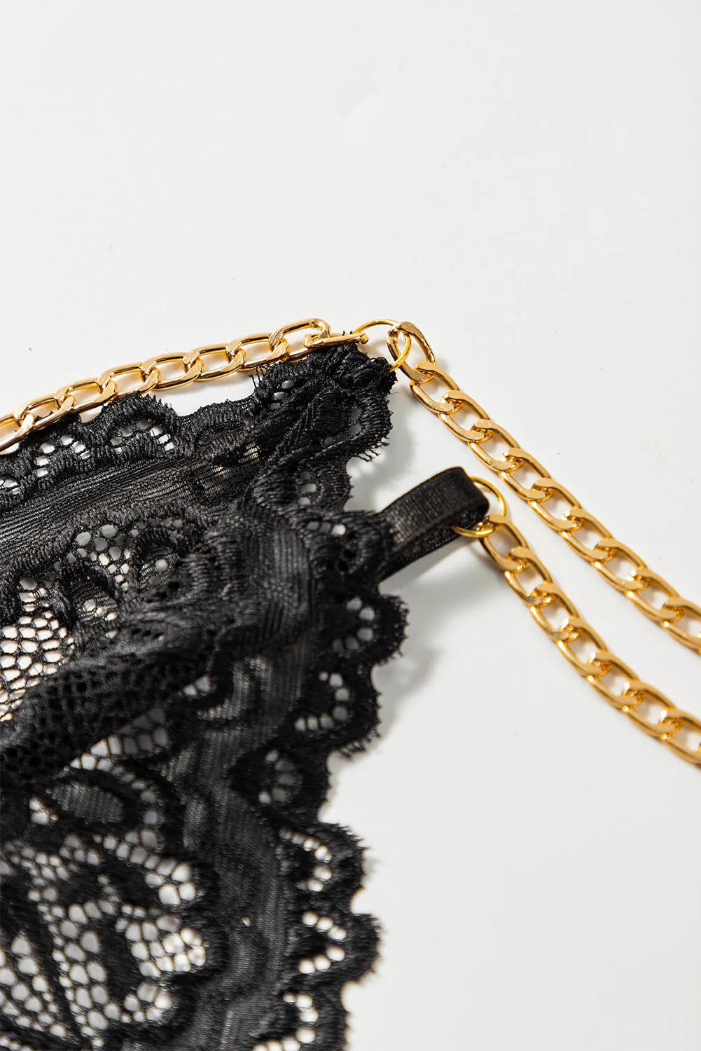 Black 3Pcs Gold Chain Decor Lace Strappy Gartered Lingerie Set - Image 9