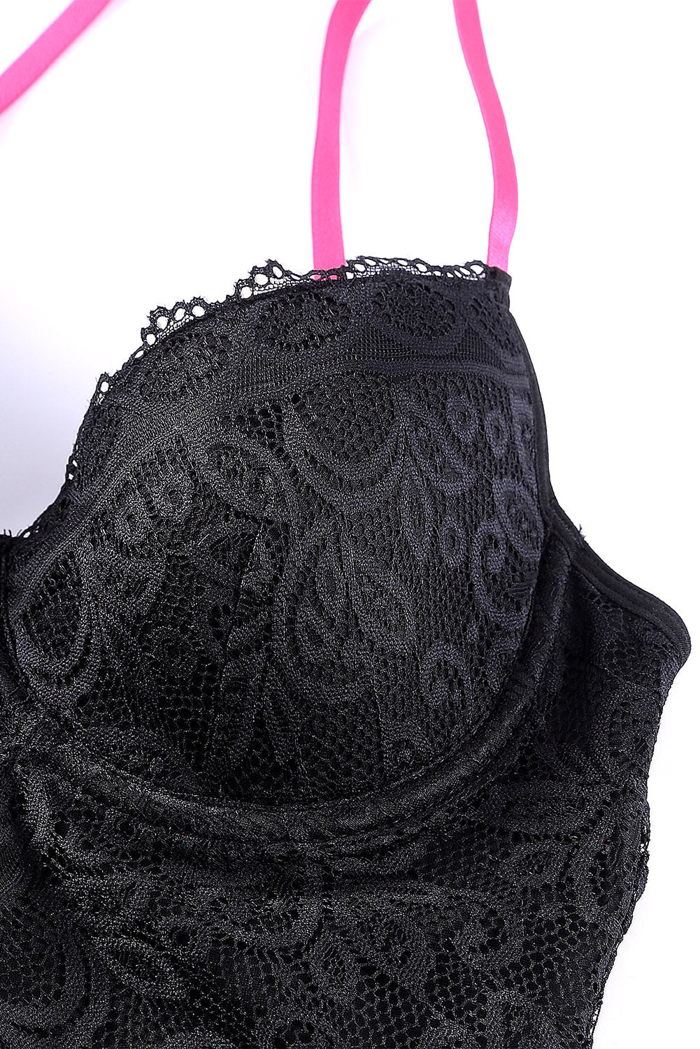 Black Color Block Lace Lingerie Set With Garter Belt - Image 8