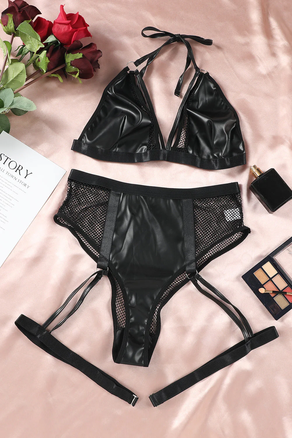 Black Halter Strappy Faux Leather Mesh Lingerie Set - Image 11