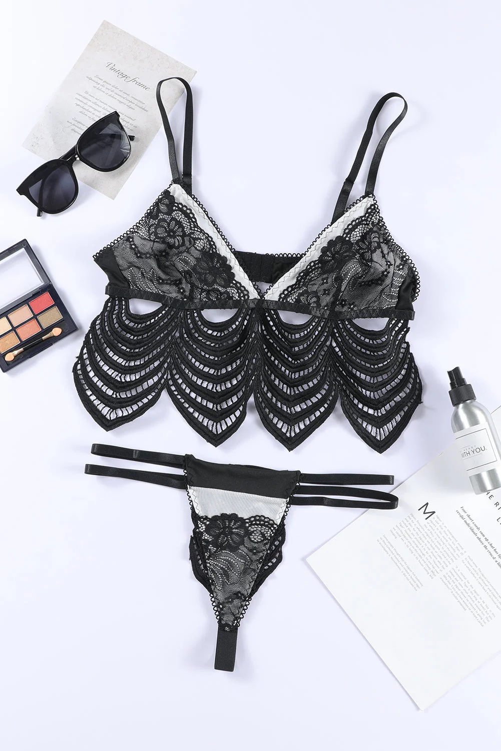Black Lace Crochet Adjustable Spaghetti Strap Lingerie Set - Image 7