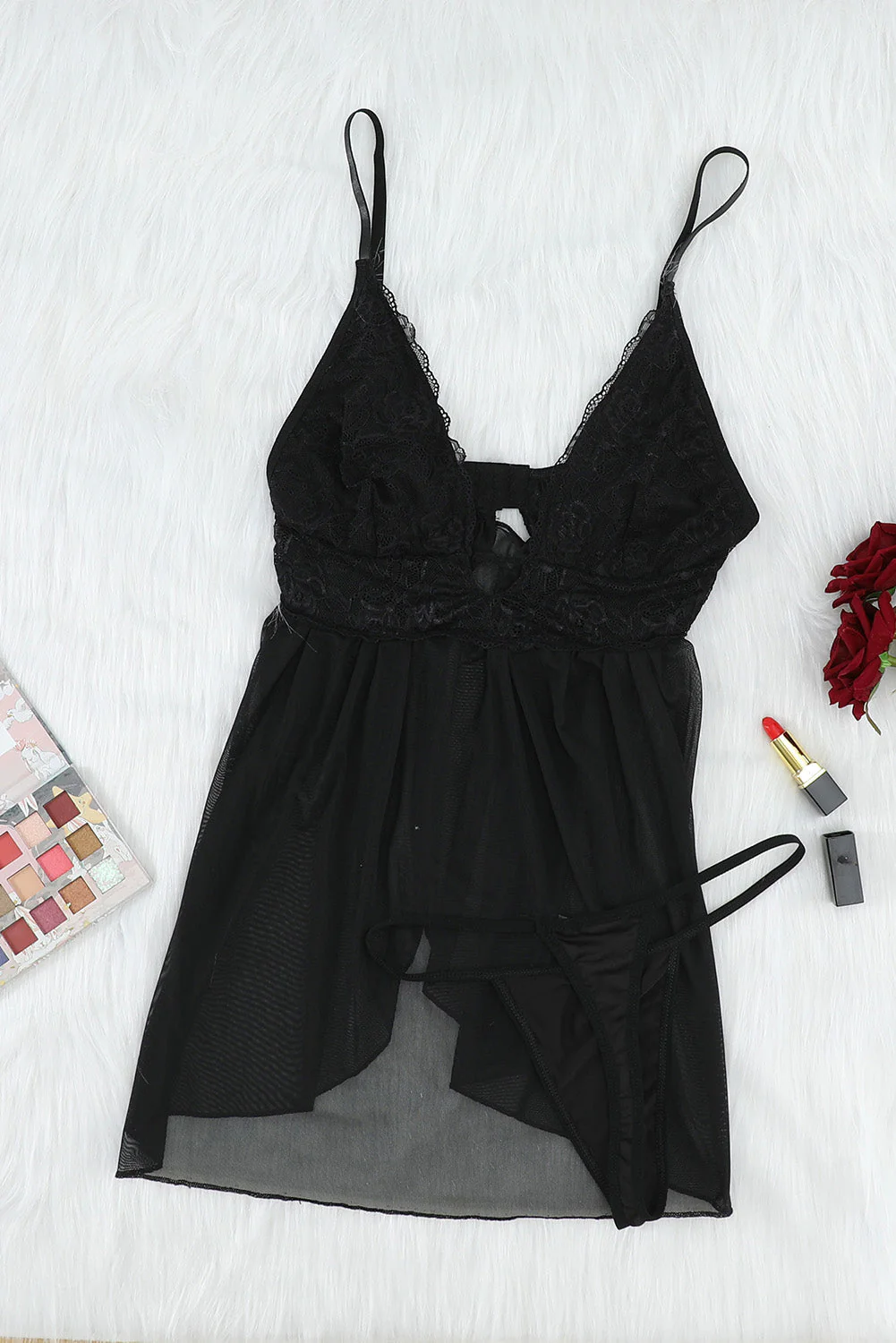 Black Lace Cups Tulle Babydoll Set - Image 11